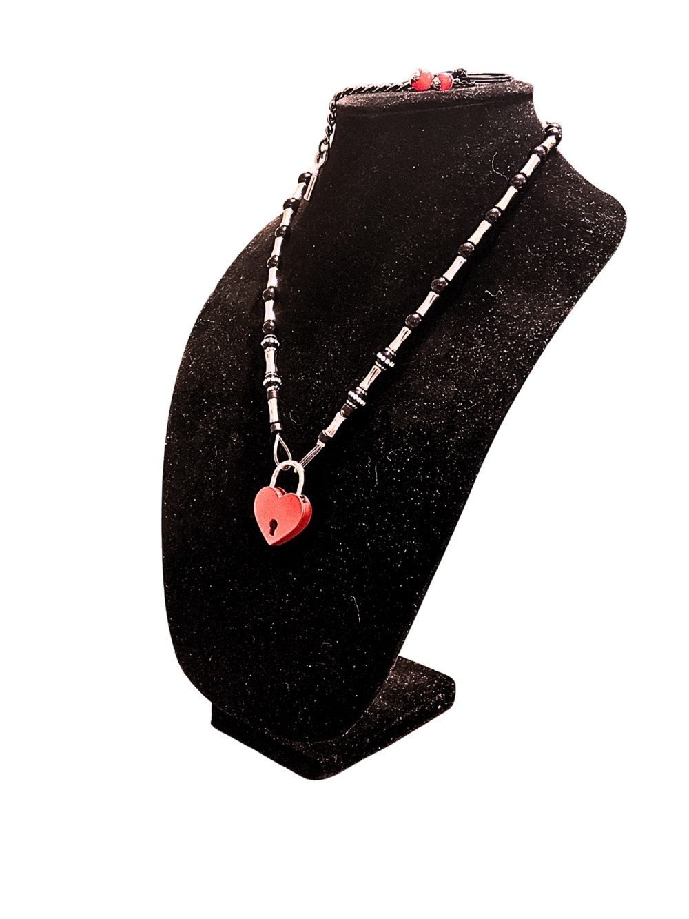 Onyx Beaded Necklace with Red Heart Lock Pendant - with Keychain and key